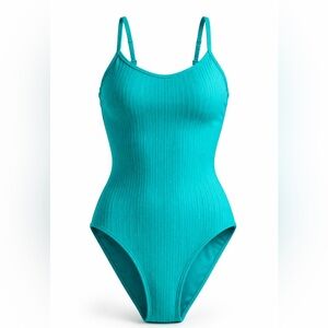Zaful Women’s Ribbed One Piece Swimsuit Teal Strappy Back Textured Bathing Suit